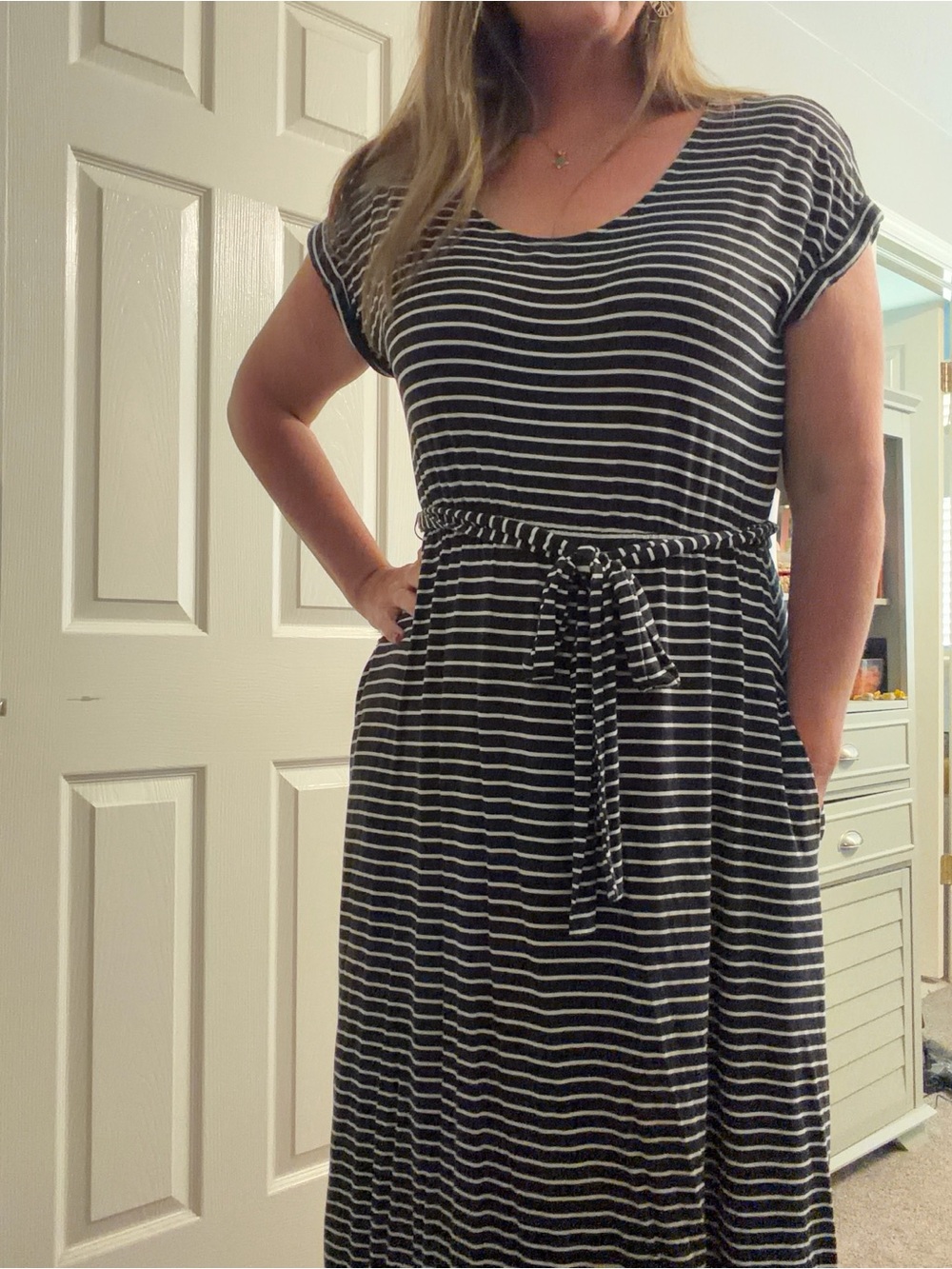 Striped Black & White Tie-Waist Women's Dress